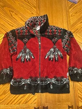 Vintage Milton funwear Fleece Jacket Size S Red And Black Southwestern Pattern